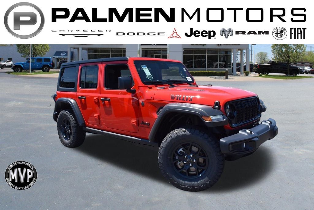 2026 Jeep Wrangler Willys in Firecracker Red Clear-Coat Exterior Paint — front three-quarter view