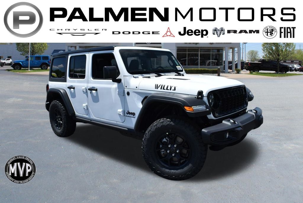 2026 Jeep Wrangler Willys in Bright White Clear-Coat Exterior Paint — front three-quarter view