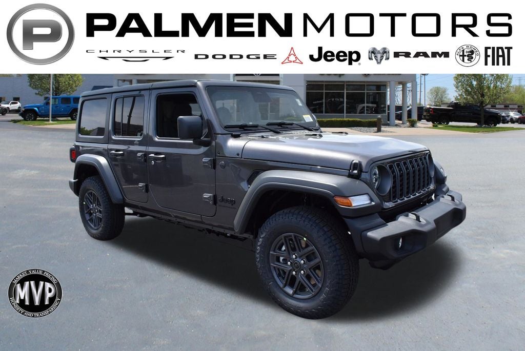 2026 Jeep Wrangler Sport S in Granite Crystal Metallic Clear-Coat Exterior Paint — front three-quarter view