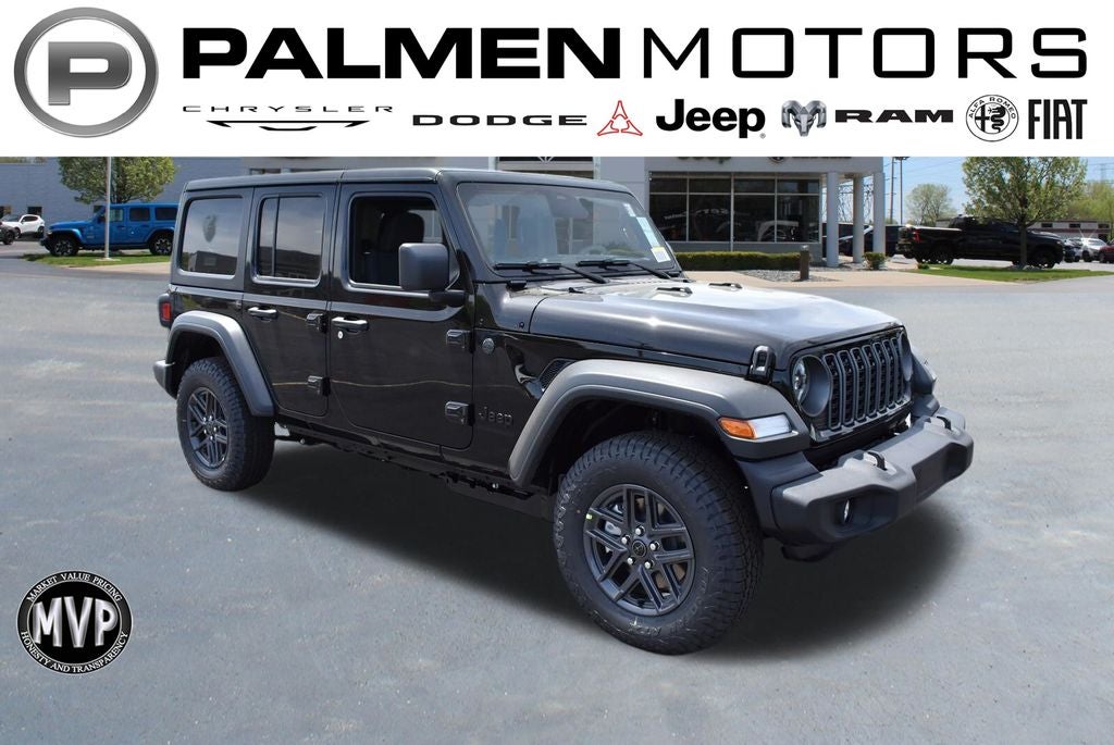 2026 Jeep Wrangler Sport S in Black Clear-Coat Exterior Paint — front three-quarter view