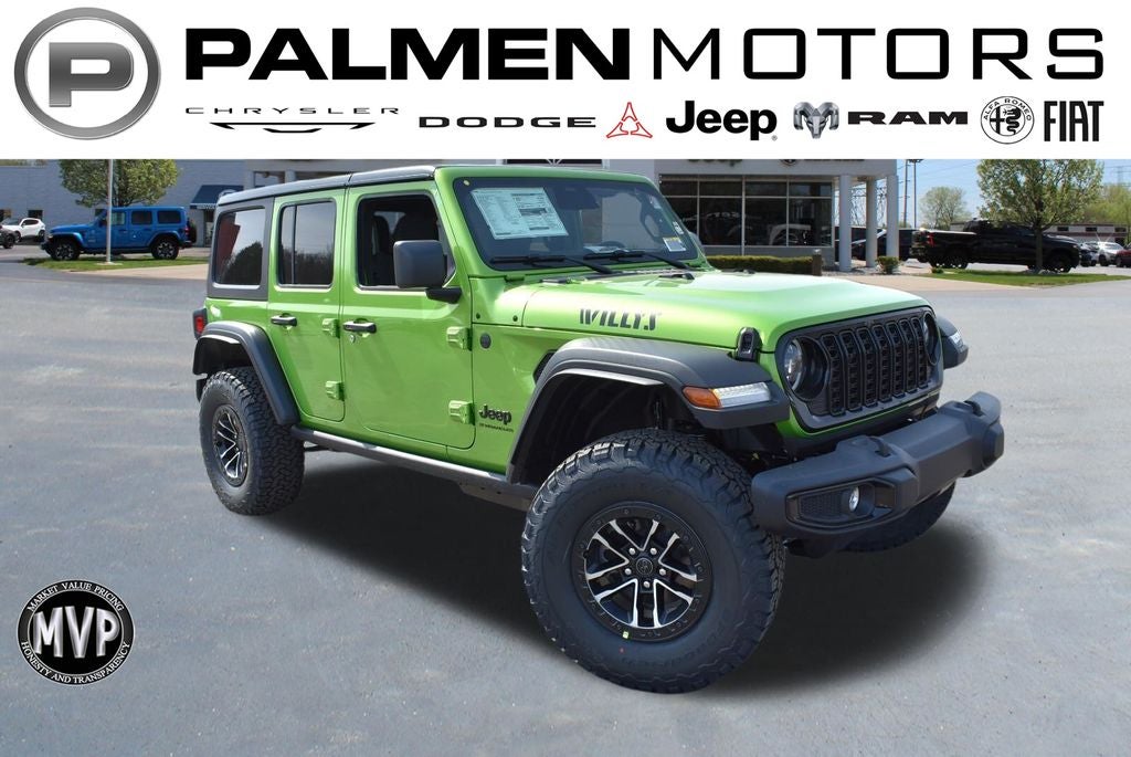 2026 Jeep Wrangler Willys in Mojito Clear-Coat Exterior Paint — front three-quarter view