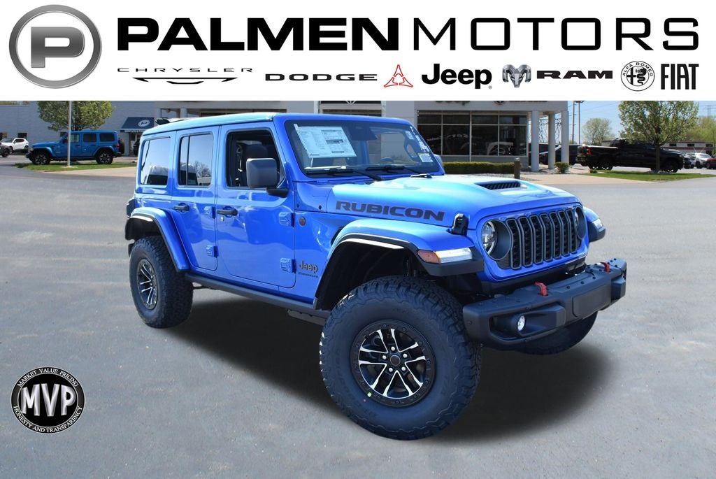 2026 Jeep Wrangler Rubicon X in Hydro Blue Pearl-Coat Exterior Paint — front three-quarter view