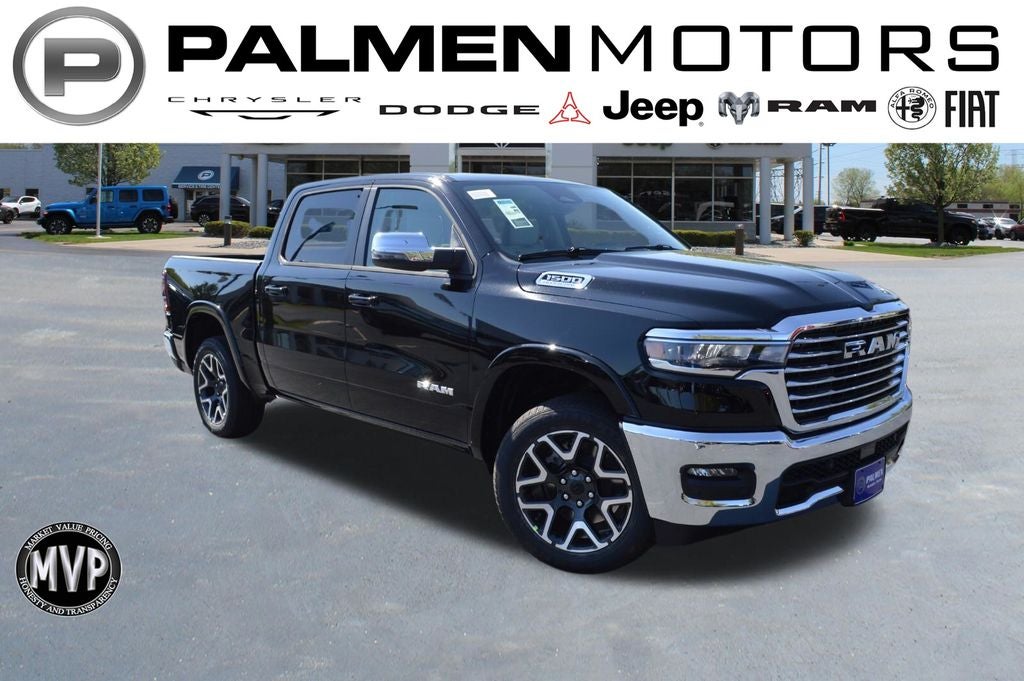 2026 RAM 1500 Laramie in Diamond Black Crystal Pearl-Coat Exterior Paint — front three-quarter view