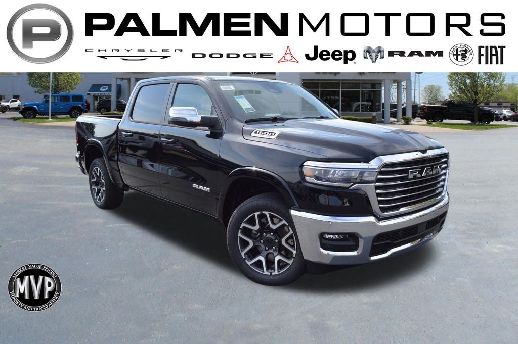 2026 RAM 1500 Laramie in Diamond Black Crystal Pearl-Coat Exterior Paint — front three-quarter view
