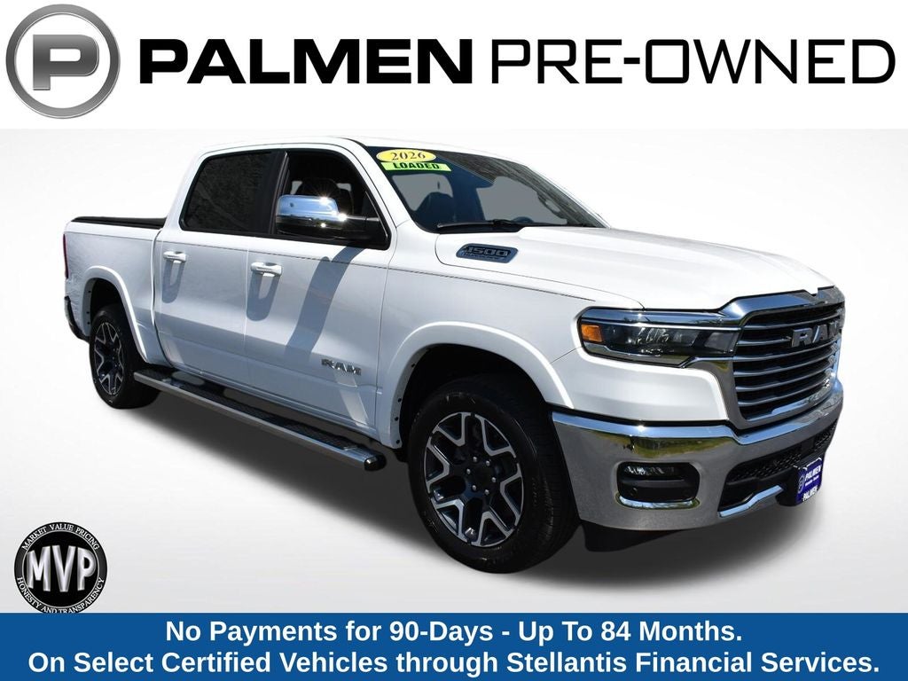2026 RAM 1500 Laramie in Bright White Clearcoat — front three-quarter view