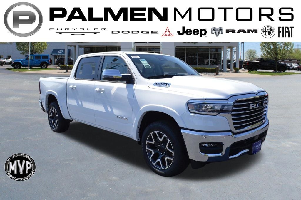 2026 RAM 1500 Laramie in Bright White Clear-Coat Exterior Paint — front three-quarter view