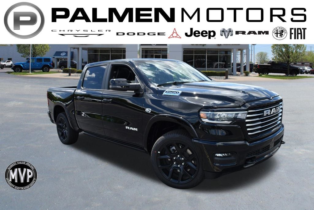 2026 RAM 1500 Laramie in Diamond Black Crystal Pearl-Coat Exterior Paint — front three-quarter view