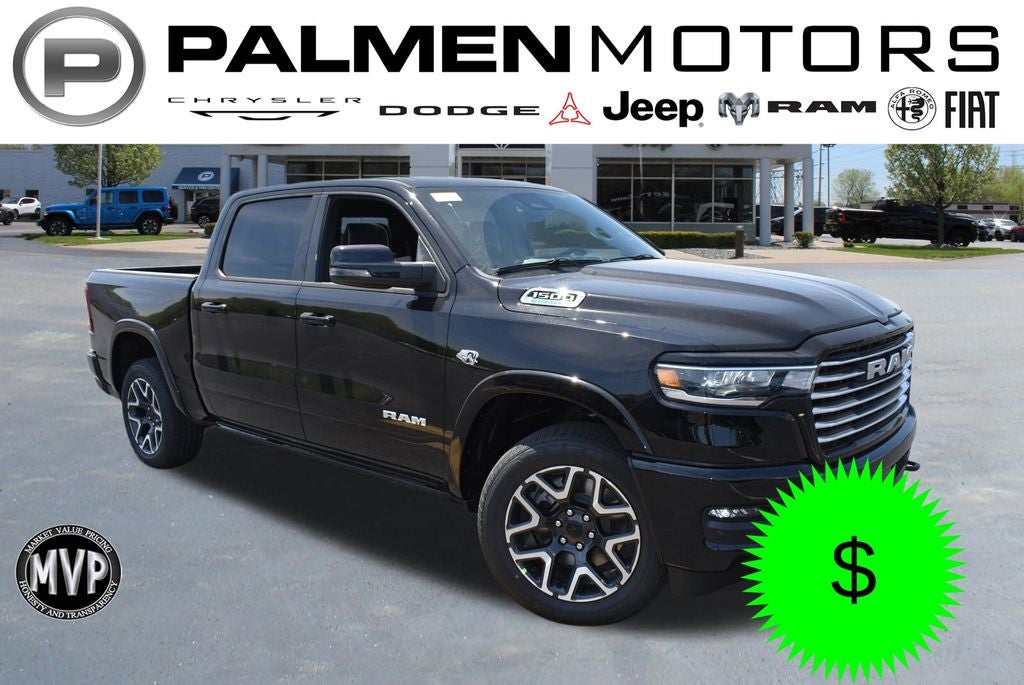 2026 RAM 1500 Laramie in Diamond Black Crystal Pearl-Coat Exterior Paint — front three-quarter view