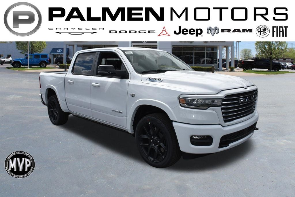 2026 RAM 1500 Laramie in Bright White Clear-Coat Exterior Paint — front three-quarter view
