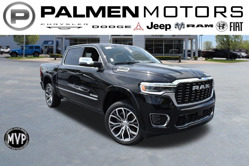 2026 RAM 1500 Tungsten in Diamond Black Crystal Pearl-Coat Exterior Paint — front three-quarter view