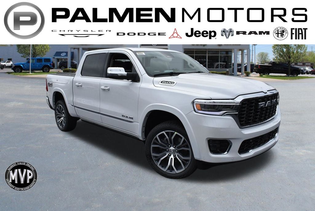 2026 RAM 1500 Tungsten in Ivory White Tri-Coat Pearl-Coat Exterior Paint — front three-quarter view