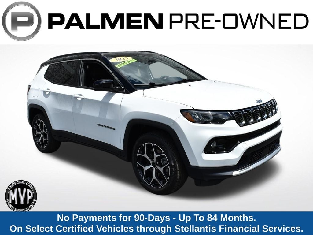 2025 Jeep Compass Limited in Bright White Clearcoat — front three-quarter view