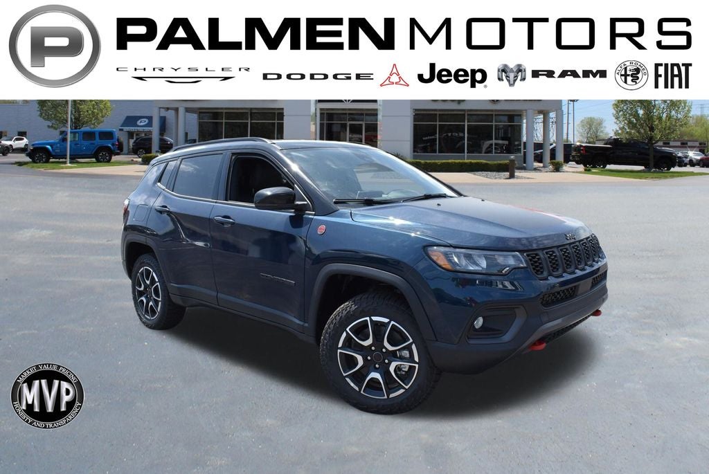 2026 Jeep Compass Trailhawk in Fathom Blue Pearl-Coat Exterior Paint — front three-quarter view