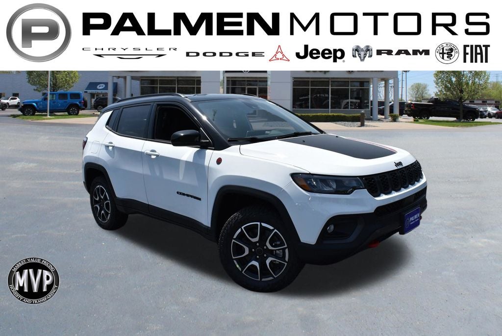 2026 Jeep Compass Trailhawk in Bright White Clear-Coat Exterior Paint — front three-quarter view