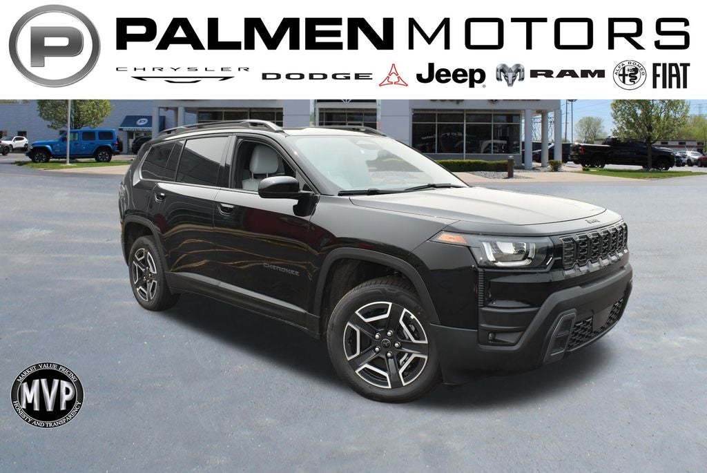 2026 Jeep Cherokee Laredo in Diamond Black Crystal Pearl-Coat Exterior Paint — front three-quarter view