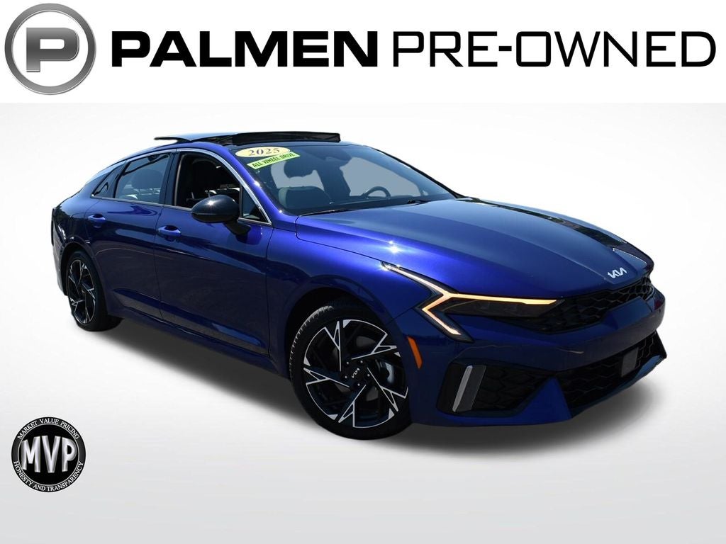 2025 Kia K5 GT-Line in Yacht Blue — front three-quarter view